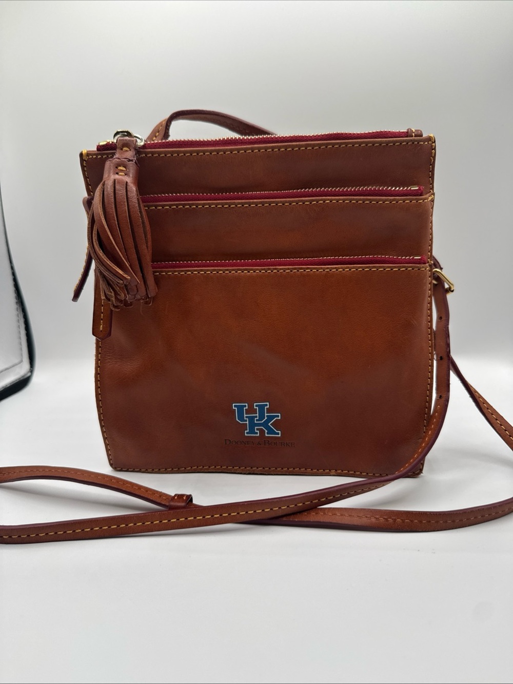 Dooney & Bourke British Tan Brown Leather UK Triple Zip Crossbody Bag Tassel